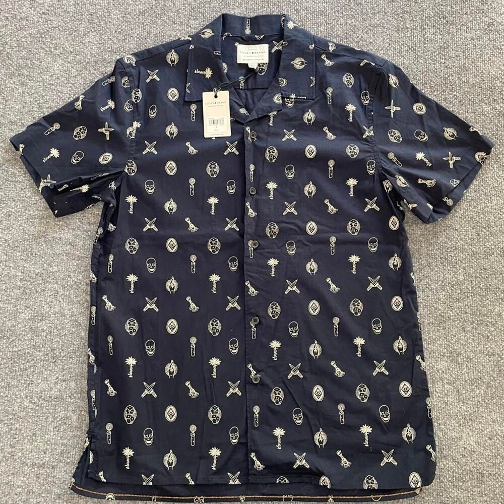 Lucky brand camp collar button down short sleeve navy shirt